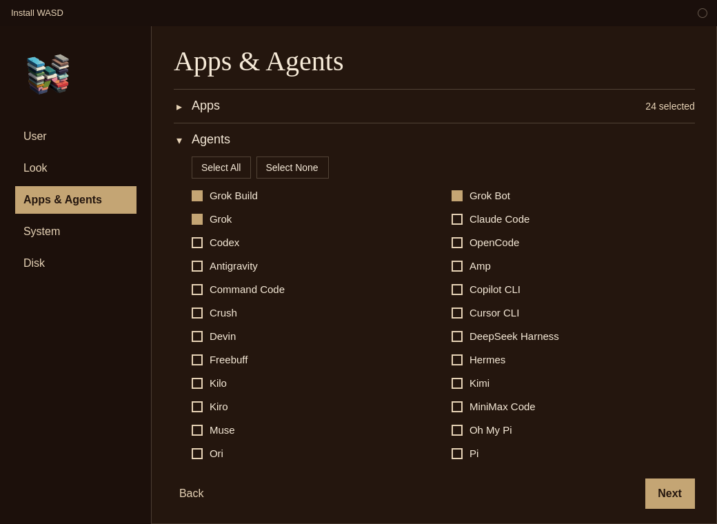 Install WASD with Agents open. Grok Build, Grok Bot, and Grok are checked. The other agents are unchecked.
