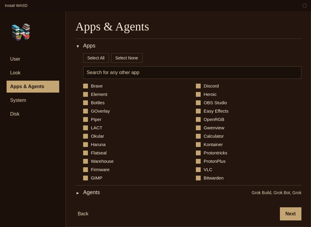 Install WASD with Apps open. The suggested apps are checked, and a search box says Search for any other app.