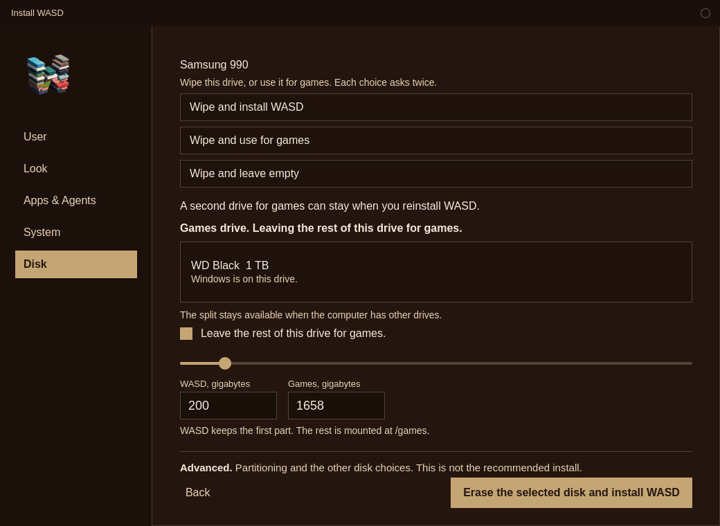 Games drive is open beside a Windows drive. Leave the rest of this drive for games is checked, with boxes showing 200 gigabytes for WASD and 1658 gigabytes for games.