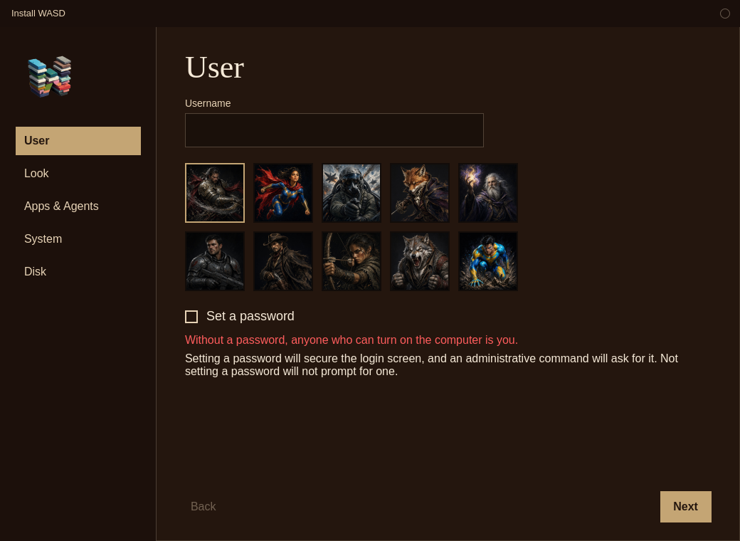 Install WASD on the User step. Ten character pictures are shown, the knight is selected, and Set a password is unchecked.