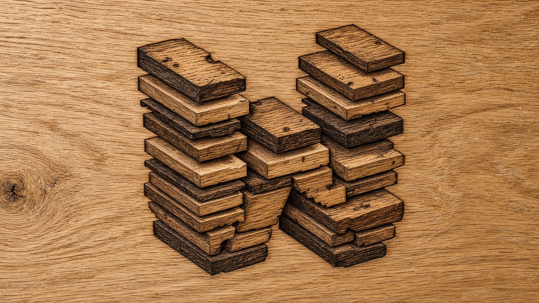 A W burned into oak, built from stacked wooden slabs.